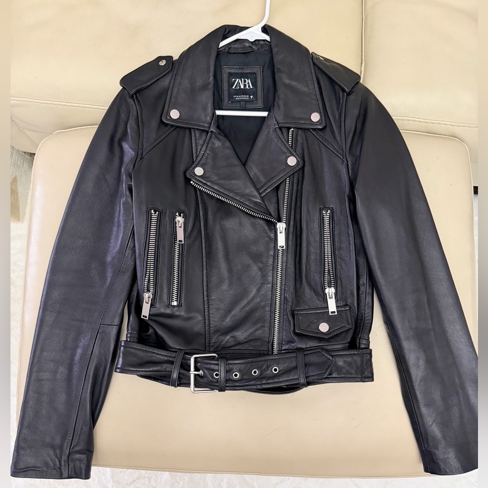 Zara Genuine Sheep Leather Black Moto Jacket in Excellent Condition